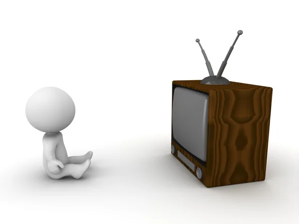 Homem 3D sentado na frente da TV retro — Fotografia de Stock
