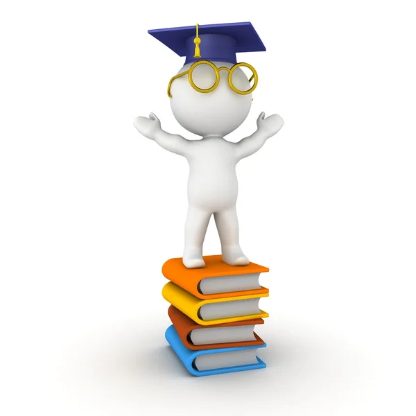 3D Man with graduation cap standing on books — Stock Photo, Image