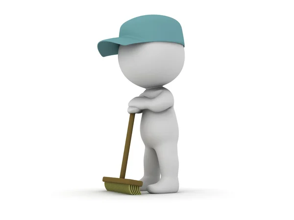 3D Man Janitor waiting leaning on broom — Stock Photo, Image