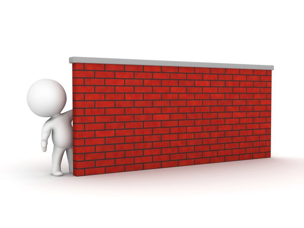 3D Man Leaning Looking from behind a brick wall