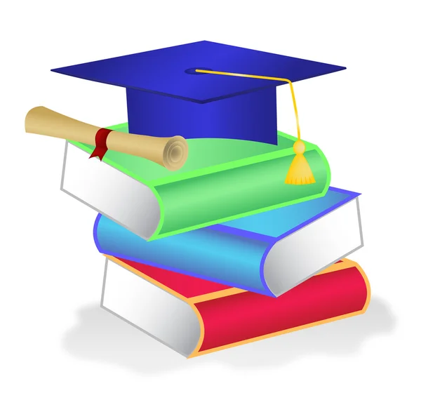卒業証書と卒業の帽子との書籍のスタック — ストックベクタ