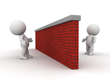 3D-mannen kijken naar elkaar van tegenover elkaar gelegen zijden van bakstenen muur