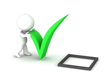 personajes 3D empujando la marca de verificación a la tarea completa