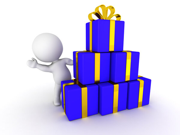 3D-человек ждет из-за стопки потертых подарков
