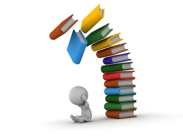 3D Man depressed with books falling over him — Stock Photo, Image