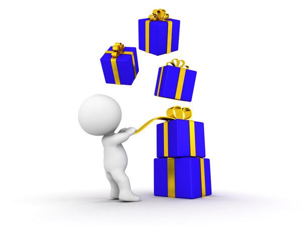 3D Парень с подарками падает на него
