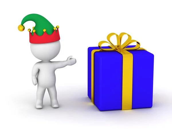 3D Man wearing elf hat showing wrapped gift — Stock Photo, Image