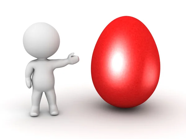 Personagem 3D mostrando ovo de Páscoa vermelho — Fotografia de Stock