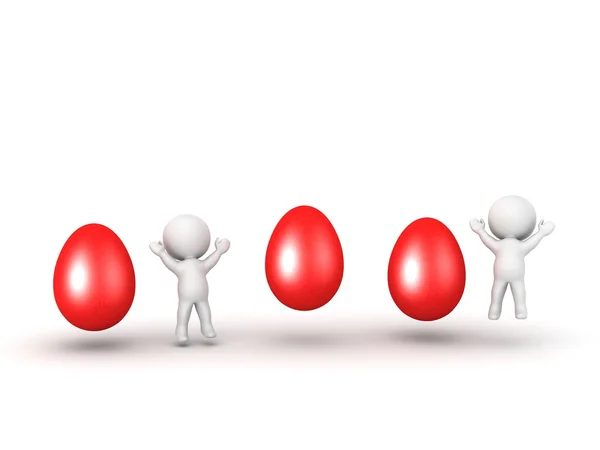 3D Characters jumping and Red Easter Eggs — Stock Photo, Image