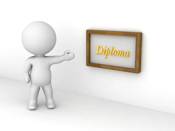 Personagem 3D Mostrando Diploma na Parede — Fotografia de Stock