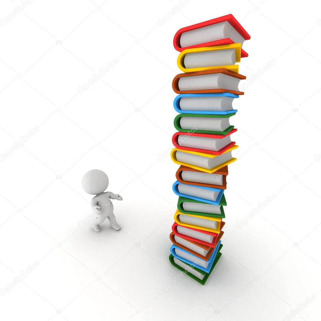 3D Man Looking up at tall stack of books