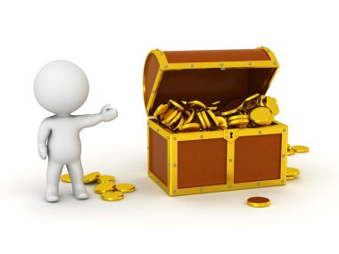 Hazine sandığı ve altın para ile 3D karakter