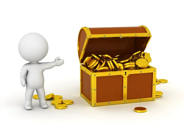Personagem 3D com baú de tesouro e moedas de ouro — Fotografia de Stock