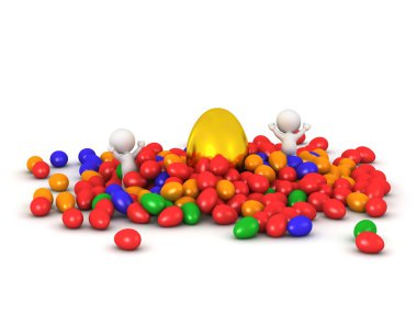 Altın Paskalya yumurtası ve renkli Paskalya yumurtaları ile 3D karakterler