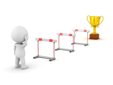 3D Character Looking at Obstacles and Trophy clipart