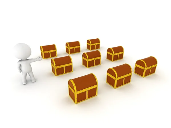 3D Character showing many Treasure Chests — Stock Photo, Image