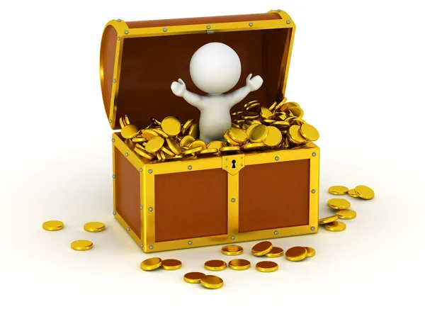 3D Character inside Treasure Chest with Gold Coins — Stock Photo, Image