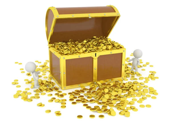 Riesige 3D Schatztruhe mit Goldmünzen und 3D-Schriftzeichen — Stockfoto