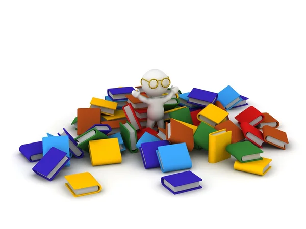 3D Character with arms up in pile of colorful books — Stock Photo, Image