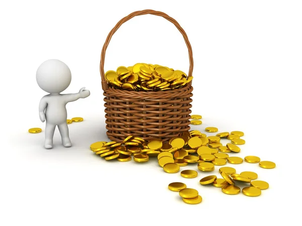 3D Character Showing Wicker Basket with Gold Coins — Stock Photo, Image