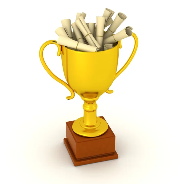 3D Gold Trophy filled with diplomas — Stock Photo, Image