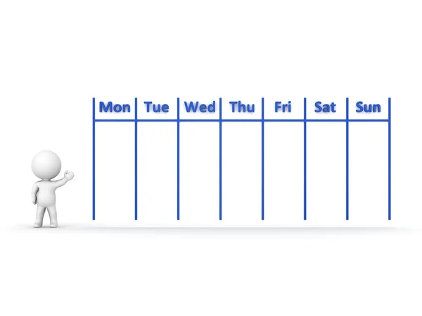 Personagem 3D que mostra o calendário para a semana — Fotografia de Stock