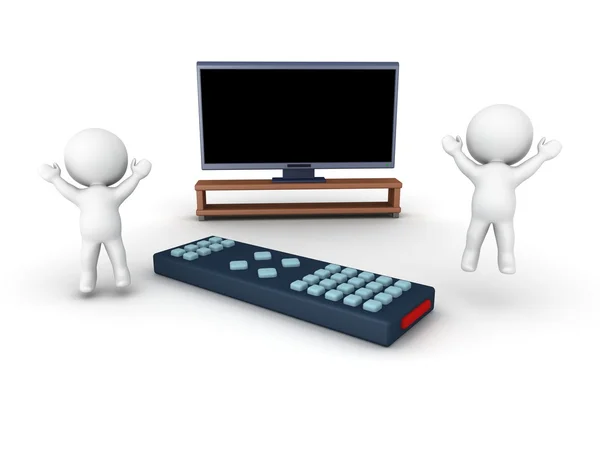 3D Characters cheering, HDTV and remote control — Stock Photo, Image