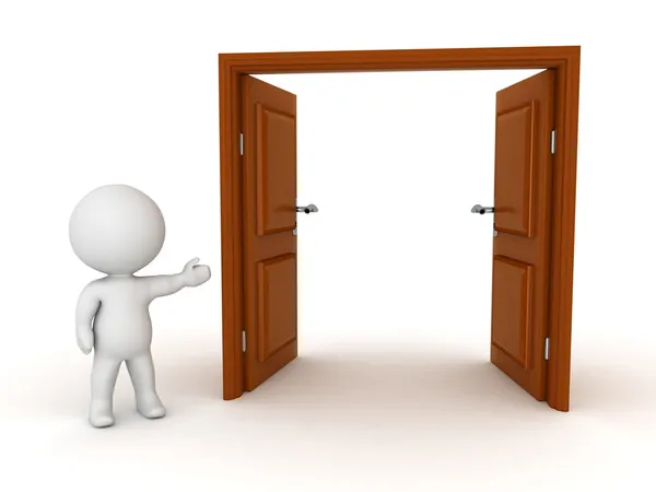 3D Character Showing Open Door — Stock Photo, Image