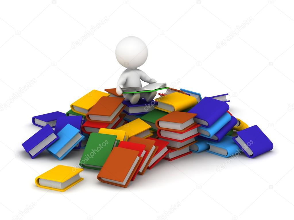 3D Character reading book sitting on pile of books