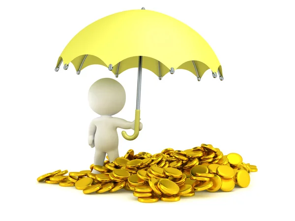 3D Man holding Umbrella over Pile of Gold Coins — Stock Photo, Image