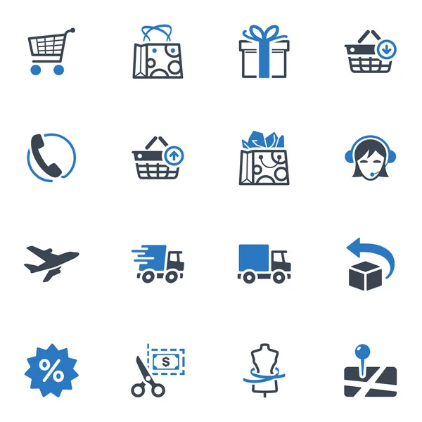 Winkelen en e-commerce iconen set 1 - blauwe reeks — Stockvector