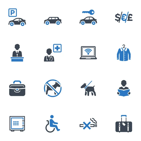 Symbole für Hoteldienstleistungen und Einrichtungen, Set 1 - blaue Serie — Stockvektor