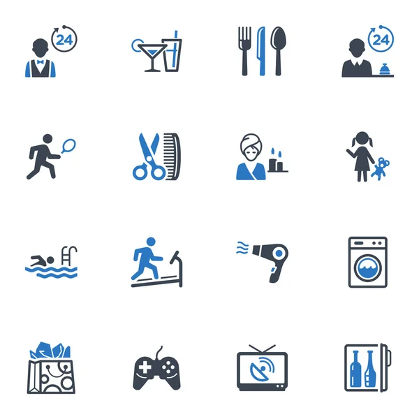 Hotel tjänster och faciliteter ikoner, set 2 - blå serien — Stock vektor