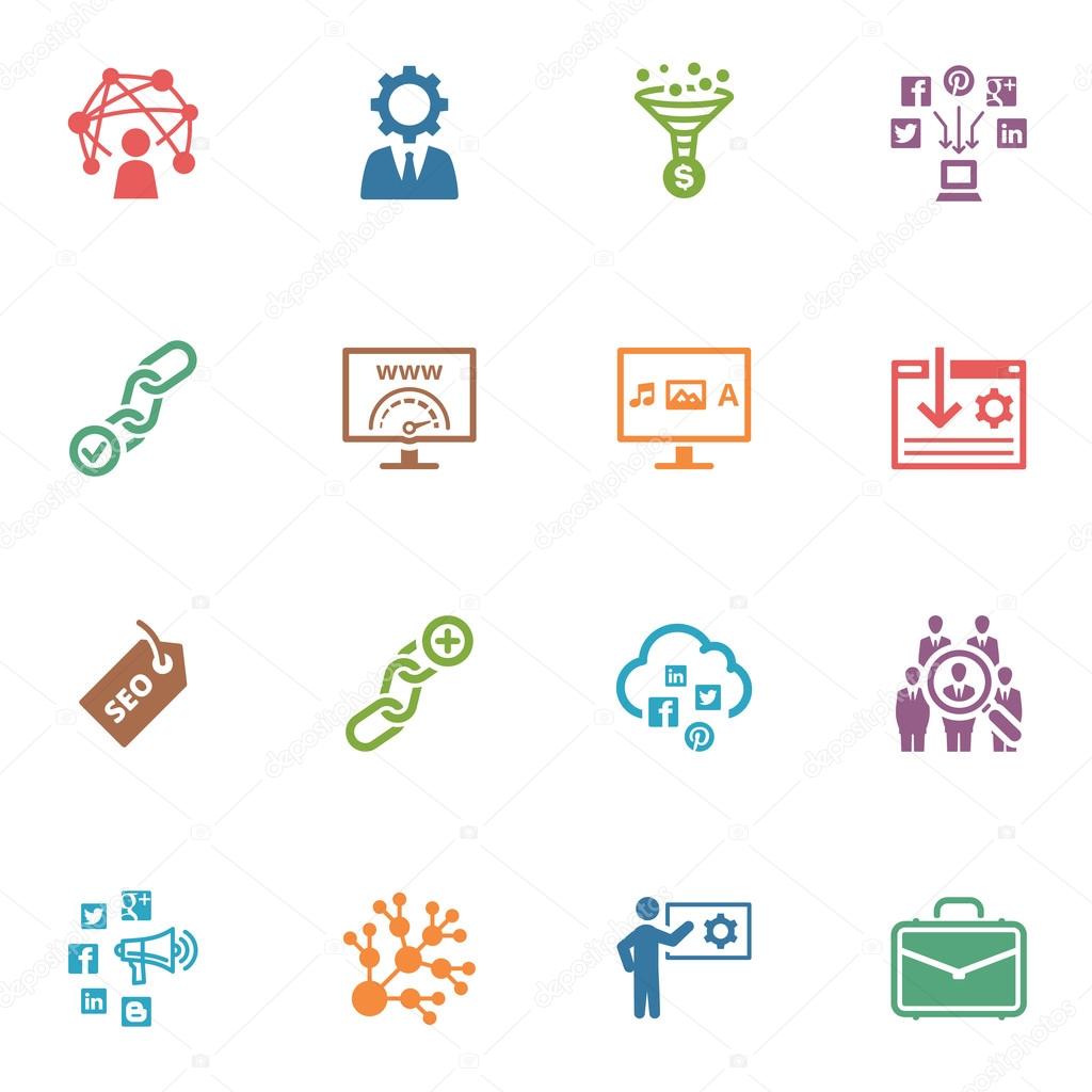 This set contains 16 SEO and Internet Marketing icons that can be used for designing and developing websites, as well as printed materials and presentations.