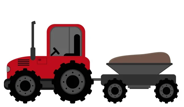Trattore, trattore rosso con rimorchio isolato su fondo bianco. Semina stagione o concetto di agricoltura. illustrazione vettoriale. — Vettoriale Stock