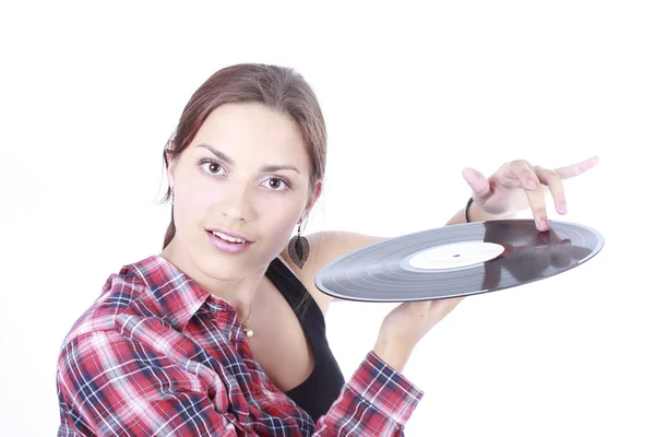 Beautiful young girl and vinyl — Stock Photo, Image