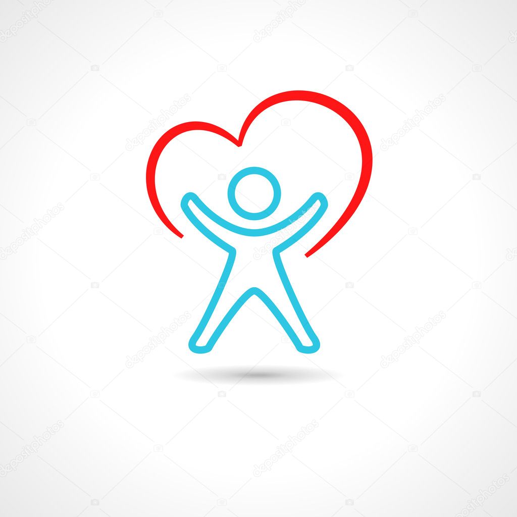 Medical symbol with heart shape and stylized human drawing.