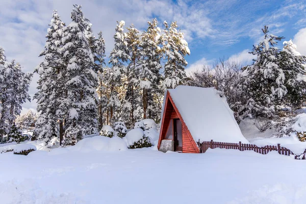 Cute Small Fairy Tale Wooden Mountain Hut Covered Snow Surrounded — Stock Photo, Image