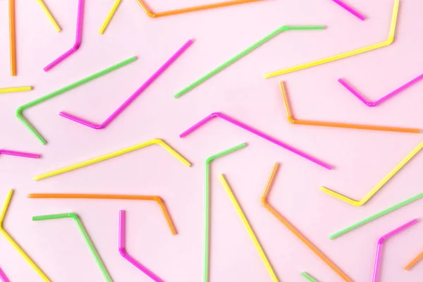 Plastic Drinking Straws Neon Colors Pink Background Flat Lay Party — Stock Photo, Image