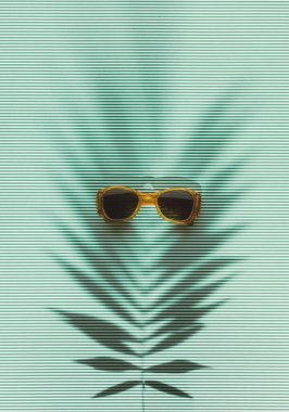 Yeşil arka planda tropikal palmiye yaprağı gölgesi ve klasik güneş gözlüğü olan yaz konsepti. Düz uzanan minimal tatil düzeni