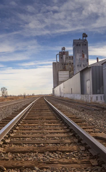 Silo de grano abandonado y la industria de vías férreas — Foto de Stock