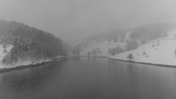 Schneesturm Schneefall Auf Einem Nebligen See Winterschnee Drohne Abgeschossen — Stockvideo