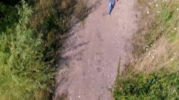 Man Alone Walking Path Aerial Drone Shot Top — Stock Video