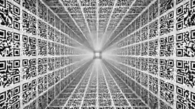 QR CODE tunnel background Camera goes through a tunnel made of QR codes, ending in white. Imprisoned by control of modern society.