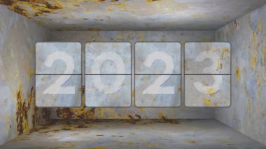 Paslı bir saat 2022 yılından 2023, 2024, 2025, 2026, 2027, 2028 ve 2029 yıllarına paslı bir kutuda geçer. Antika aygıt steampunk takvimi. Mutlu yıllar.!