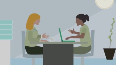 Animated illustration of two people talking at the table. Work related, looks a bit like a hospital. Team work in sterile corporate environment.