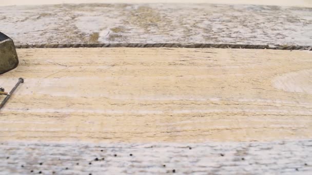 Hammer Pile Nails Old Wooden Table Camera Sliding Reveals Hammer — Video