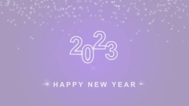 Minimalist lavanta arkaplan ve mutlu yıllar 2023 yazılı. Maytaplar, havai fişekler