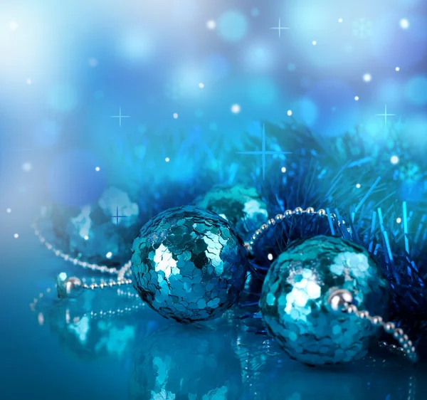 New Year's card with blue balls and a streamer — Stock Photo, Image