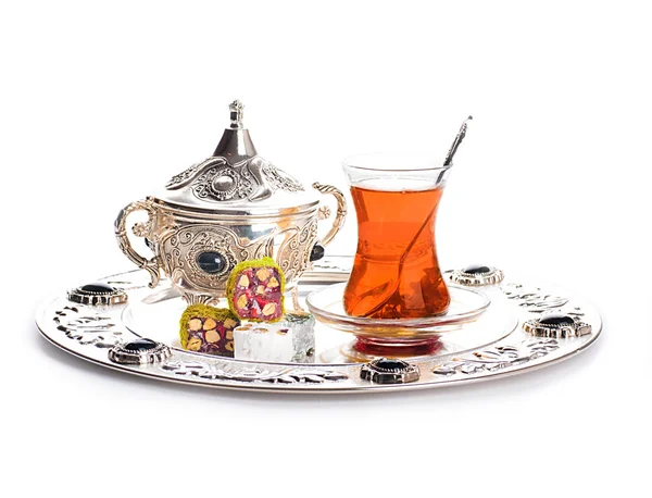 Turkish tea and sweets in decorative ware, candies — Stock Photo, Image